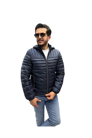 Erkek Kapitone Çizgili Desenli Kapüşonlu Slim Fit Şişme Casual Mont