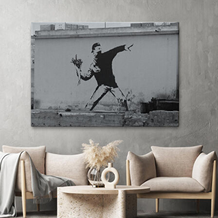 Bansky'nin Çiçek Atan Adam Eseri Kanvas Tablo-5014
