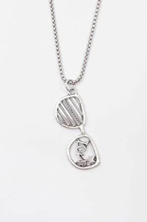 Gözlük ve Love Örme Zincir Kolye - Antik Gümüş Kaplama - Kadın Erkek - 60 cm