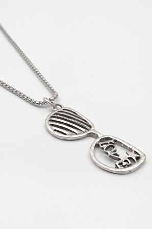 Gözlük ve Love Örme Zincir Kolye - Antik Gümüş Kaplama - Kadın Erkek - 60 cm