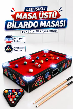  Pilli LED Işıklı Masa Üstü Bilardo Masası 50x30 cm – Mini Bilardo Oyun Seti, 16 Toplu Eğlence Masası