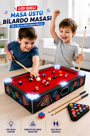  Pilli LED Işıklı Masa Üstü Bilardo Masası 50x30 cm – Mini Bilardo Oyun Seti, 16 Toplu Eğlence Masası