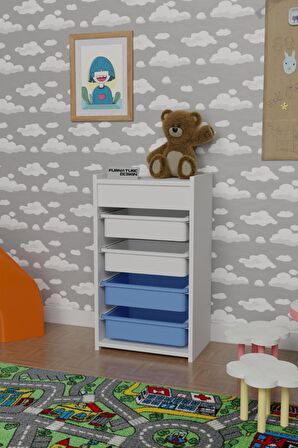 CMK Store 4 Sepetli Oyuncak Dolabı Çok Amaçlı Mutfak Dolabı Sebzelik Beyaz - Beyaz & Mavi