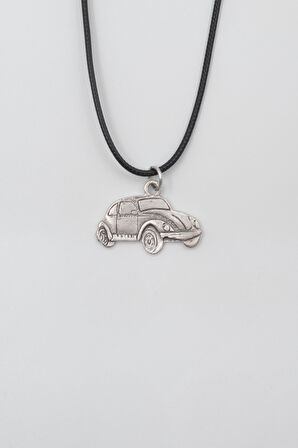 Nostaljik Vosvos Siyah Deri İp Kolye - Antik Gümüş Kaplama - Kadın Erkek - 60 cm