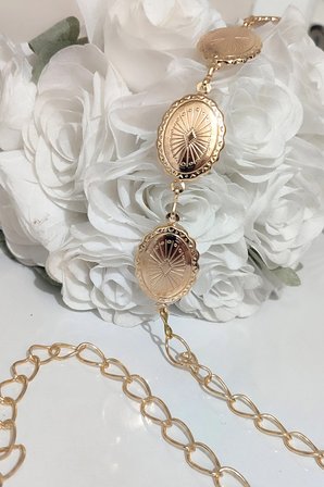 Kadın Gold Renk Vintage Madalyon Figürlü Oval Kabartma Desenli Şık Zincir Elbise ve Abiye, Ceket Kemeri - MFR5017