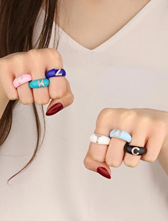 Beyaz Mineli Gümüş Harf Yüzük