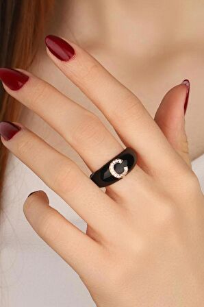 Siyah Mineli Gümüş Harf Yüzük