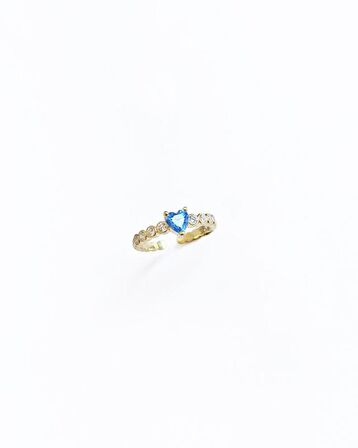 Ortası Mavi Renkli Kalp Gümüş Yüzük