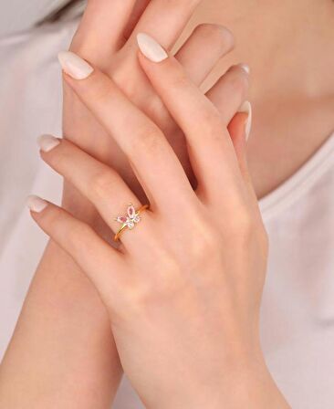 Pembe Renkli Taşlı Kelebek Gümüş Yüzük - Rodyum