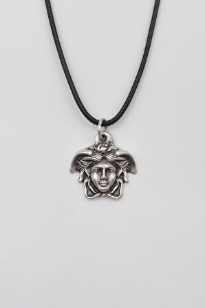 Mitologjik Medusa Siyah Deri İp Kolye - Antik Gümüş Kaplama - Kadın Erkek - 60 cm