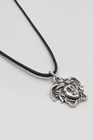 Mitologjik Medusa Siyah Deri İp Kolye - Antik Gümüş Kaplama - Kadın Erkek - 60 cm