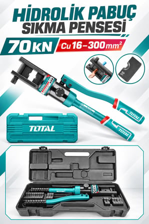 TOTAL Profesyonel Hidrolik Kablo Pabuç Sıkma Pensesi – 70 kN, 16–240 mm², Full Kalıp Takımı Dahil
