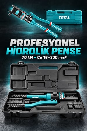 TOTAL Profesyonel Hidrolik Kablo Pabuç Sıkma Pensesi – 70 kN, 16–240 mm², Full Kalıp Takımı Dahil