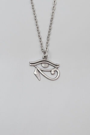 Ra'nın Gözü - Horus'un Gözü Düz Ezme Zincir Kolye - Antik Gümüş Kaplama - Kadın Erkek - 60 cm