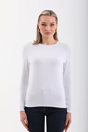 Kadın Zarif İnce Gösteren Viskon Tişört-Beyaz