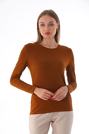 Kadın Bisiklet Yaka Viskon Likra Uzun Kollu Tişört-Kahve