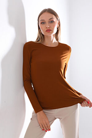 Kadın Bisiklet Yaka Viskon Likra Uzun Kollu Tişört-Kahve