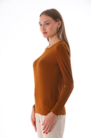 Kadın Bisiklet Yaka Viskon Likra Uzun Kollu Tişört-Kahve