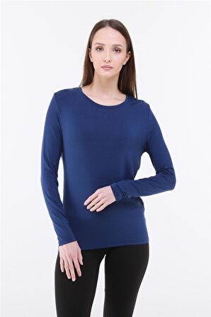 Kadın Bisiklet Yaka Viskon Likra Uzun Kollu Tişört-Lacivert
