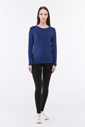 Kadın Bisiklet Yaka Viskon Likra Uzun Kollu Tişört-Lacivert