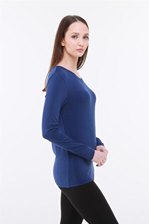 Kadın Bisiklet Yaka Viskon Likra Uzun Kollu Tişört-Lacivert