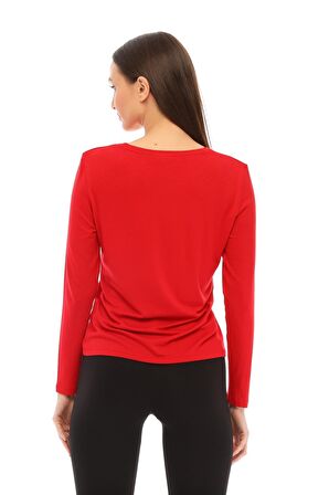 Kadın Bisiklet Yaka Viskon Likra Uzun Kollu Tişört-Kırmızı