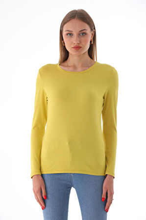 Kadın Bisiklet Yaka Viskon Likra Uzun Kollu Tişört-Gold