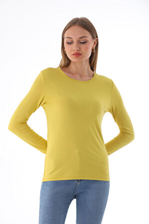 Kadın Bisiklet Yaka Viskon Likra Uzun Kollu Tişört-Gold