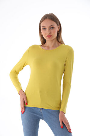 Kadın Bisiklet Yaka Viskon Likra Uzun Kollu Tişört-Gold