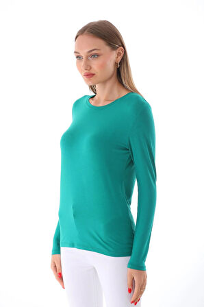 Kadın Bisiklet Yaka Viskon Likra Uzun Kollu Tişört-Okyanus Yeşili