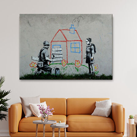 Bansky Çocuğun Çizdiği Evin Kapısını Kapatan Adam Kanvas Tablo-5019
