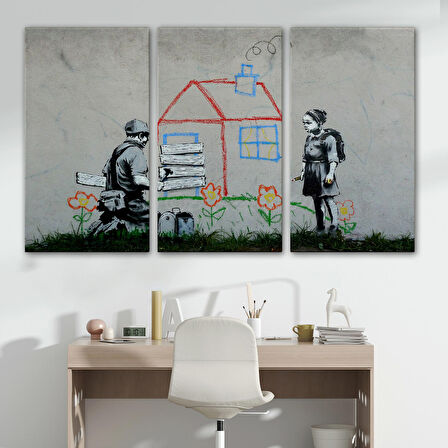 Bansky Çocuğun Çizdiği Evin Kapısını Kapatan Adam Kanvas Tablo-5019