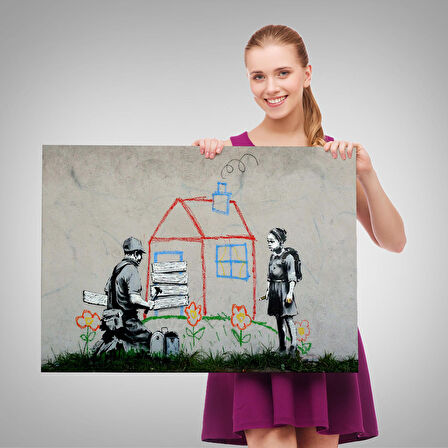 Bansky Çocuğun Çizdiği Evin Kapısını Kapatan Adam Kanvas Tablo-5019