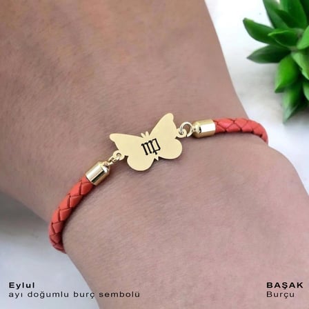 Eylül Ayı Doğumlarına Turuncu Derili Kelebek Motifli 14 Ayar Altın Plakalı Hediye Bileklik-502ay
