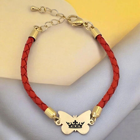 Kelebek Temalı Kelebek Motifli 14 Ayar Altın Plakalı Turuncu Derili Hediye Bileklik-502sembol