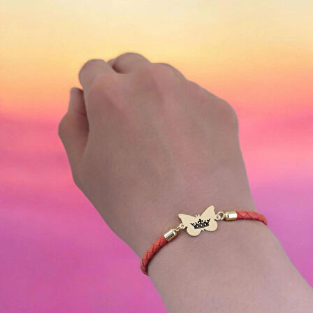 Kelebek Temalı Kelebek Motifli 14 Ayar Altın Plakalı Turuncu Derili Hediye Bileklik-502sembol