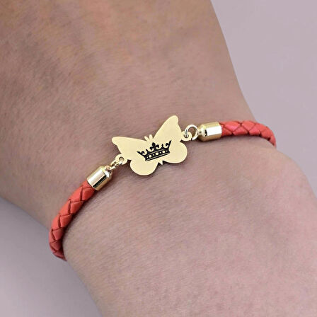 Kelebek Temalı Kelebek Motifli 14 Ayar Altın Plakalı Turuncu Derili Hediye Bileklik-502sembol