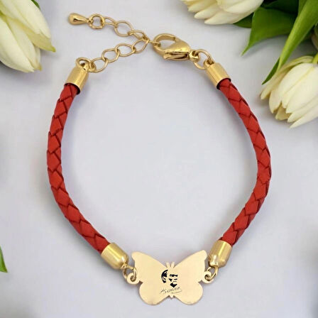 Atatürk Temalı Turuncu Derili Kelebek Motifli 14 Ayar Altın Plakalı Hediye Bileklik-502sembol