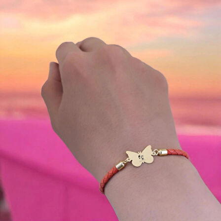 Atatürk Temalı Turuncu Derili Kelebek Motifli 14 Ayar Altın Plakalı Hediye Bileklik-502sembol