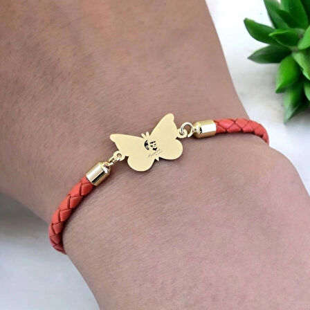 Atatürk Temalı Turuncu Derili Kelebek Motifli 14 Ayar Altın Plakalı Hediye Bileklik-502sembol