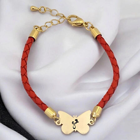 Anne Sevgisi Temalı 14 Ayar Altın Plakalı Turuncu Derili Kelebek Motifli Hediye Bileklik-502sembol