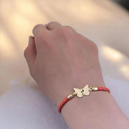 Anne Sevgisi Temalı 14 Ayar Altın Plakalı Turuncu Derili Kelebek Motifli Hediye Bileklik-502sembol