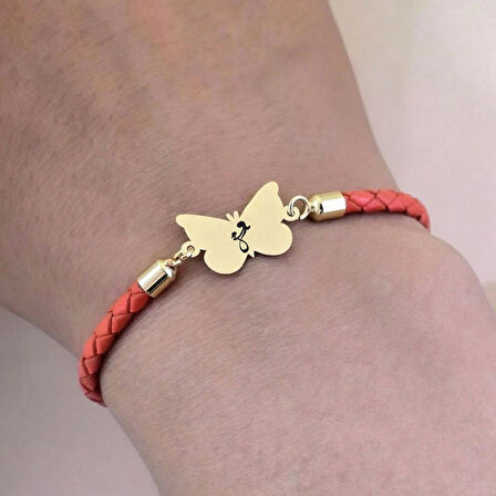 Anne Sevgisi Temalı 14 Ayar Altın Plakalı Turuncu Derili Kelebek Motifli Hediye Bileklik-502sembol