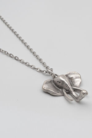 Fil Kafası KolyeDüz Ezme Zincir Kolye - Antik Gümüş Kaplama - Kadın Erkek - 60 cm