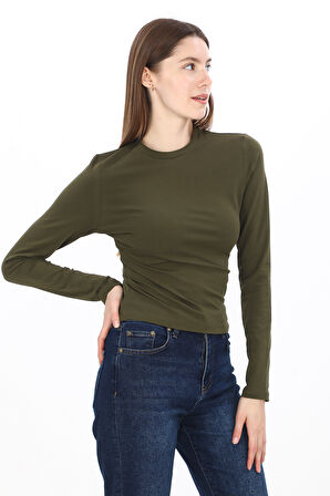 Likralı Pamuk Tişört-Slim Fit-Haki