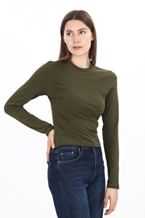 Likralı Pamuk Tişört-Slim Fit-Haki