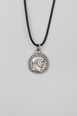 Antik Roma Dönemi Sikke Siyah Deri İp Kolye - Antik Gümüş Kaplama - Kadın Erkek - 60 cm