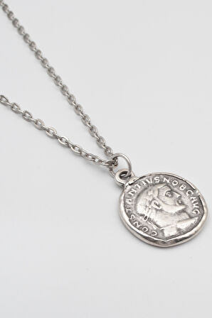 Antik Roma Dönemi Sikke Düz Ezme Zincir Kolye - Antik Gümüş Kaplama - Kadın Erkek - 60 cm