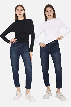 Dik Yaka Penye Tişört 2'li Satış-Siyah-Beyaz