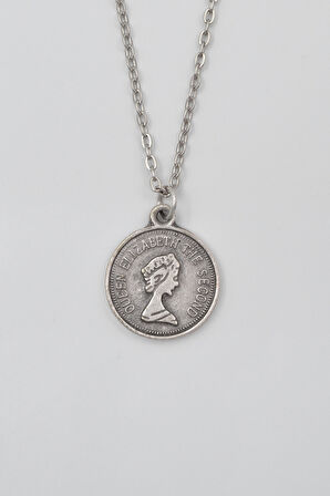 Kraliçe Elizabeth II (Genç Portre) Düz Ezme Zincir Kolye - Antik Gümüş Kaplama - Kadın Erkek - 60 cm